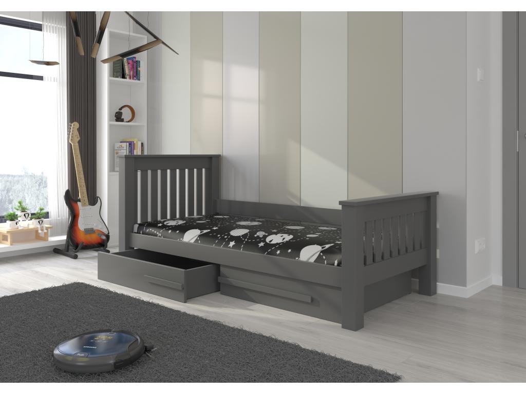 Lit enfant bois pin gris graphite 90x200 avec 2 tiroirs de rangement Cosymeub XWAA32597