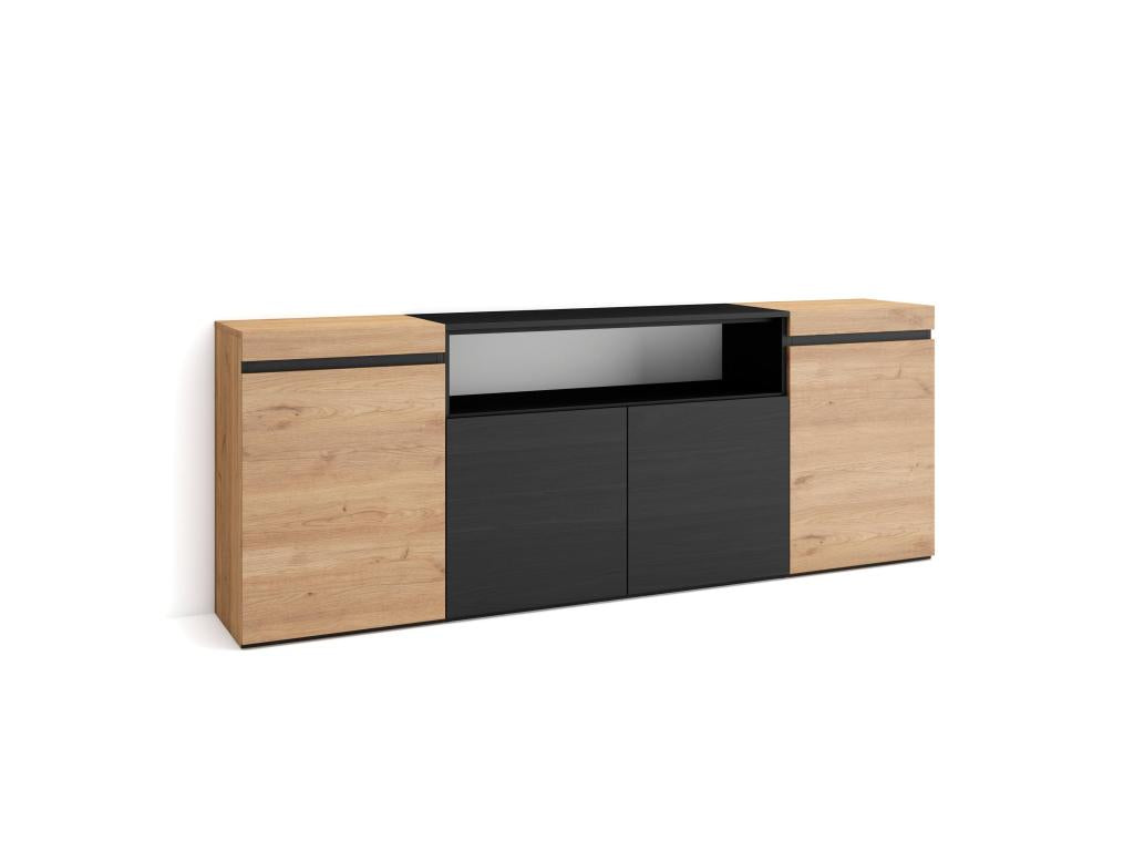 Buffet salon et cuisine 200x75x35cm 4 Portes Chêne et noir GACM84010