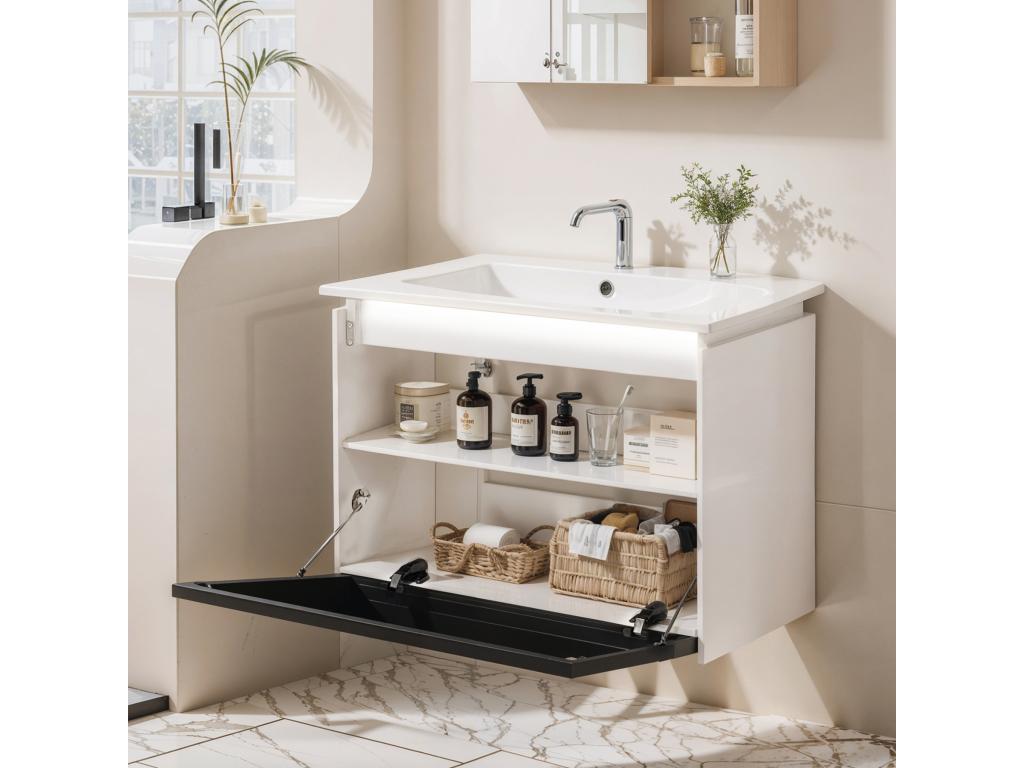 Meuble de salle de bain vasque simple avec porte en verre - 61,5x46,5x47 cm - Bois MDF - Lampe à induction - Blanc noir BIWW91613
