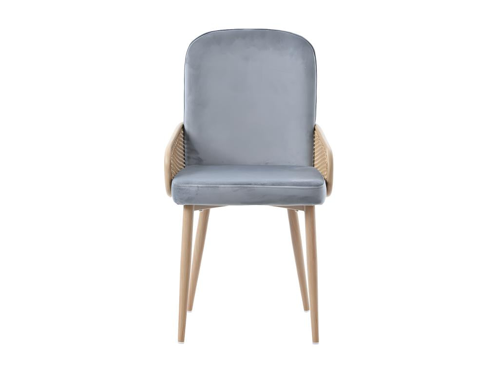 Lot de 2 Chaises en Velours avec accoudoirs en Rotin - 4 pieds en métal naturel - Gris XJIY91011