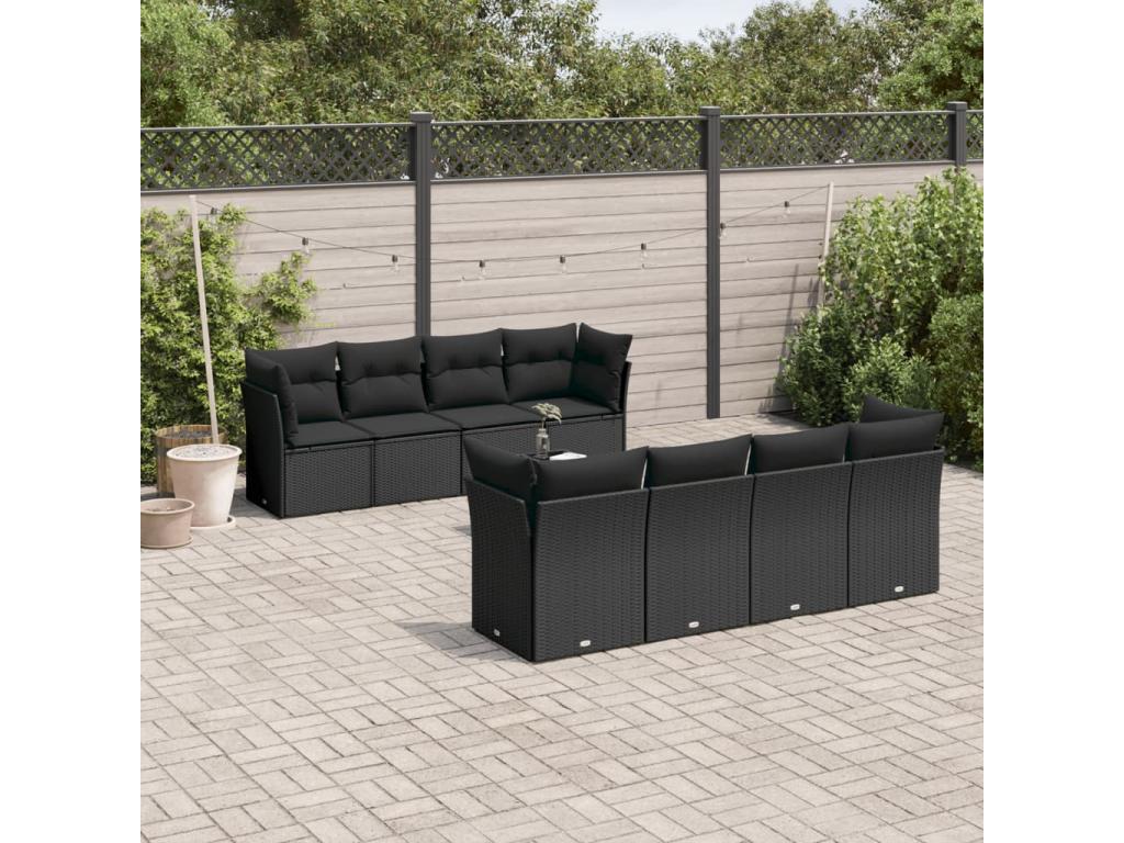 Salon de jardin 9 pcs avec coussins noir résine tressée LQYU53309