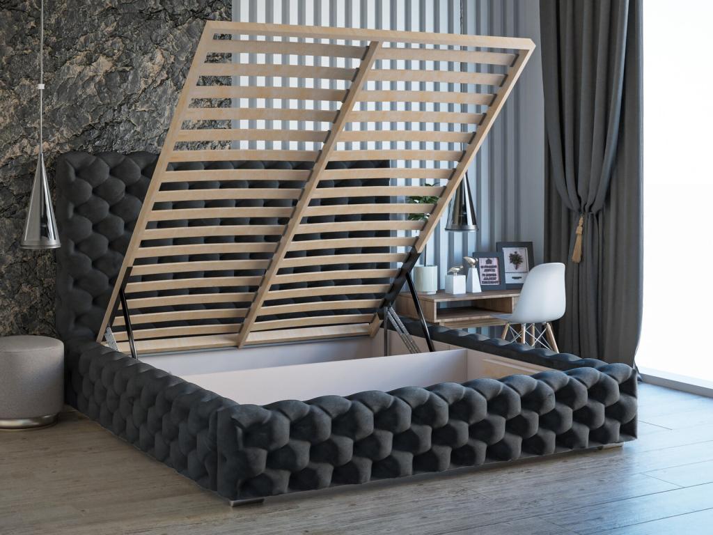 Lit rembourré avec rangement - 180x200 - lit double - velours - noir - Cosymeub BUJJ37134