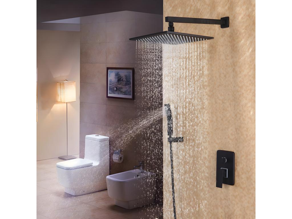 Douche de pluie fixée au mur noir et ensemble de douche avec douchette en laiton massif 200 mm IYPN17566