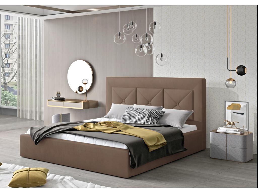 Lit double rembourré en velours Cosymeub-Couleur Marron clair-160x200-Version coffre de rangement CIOJ95951
