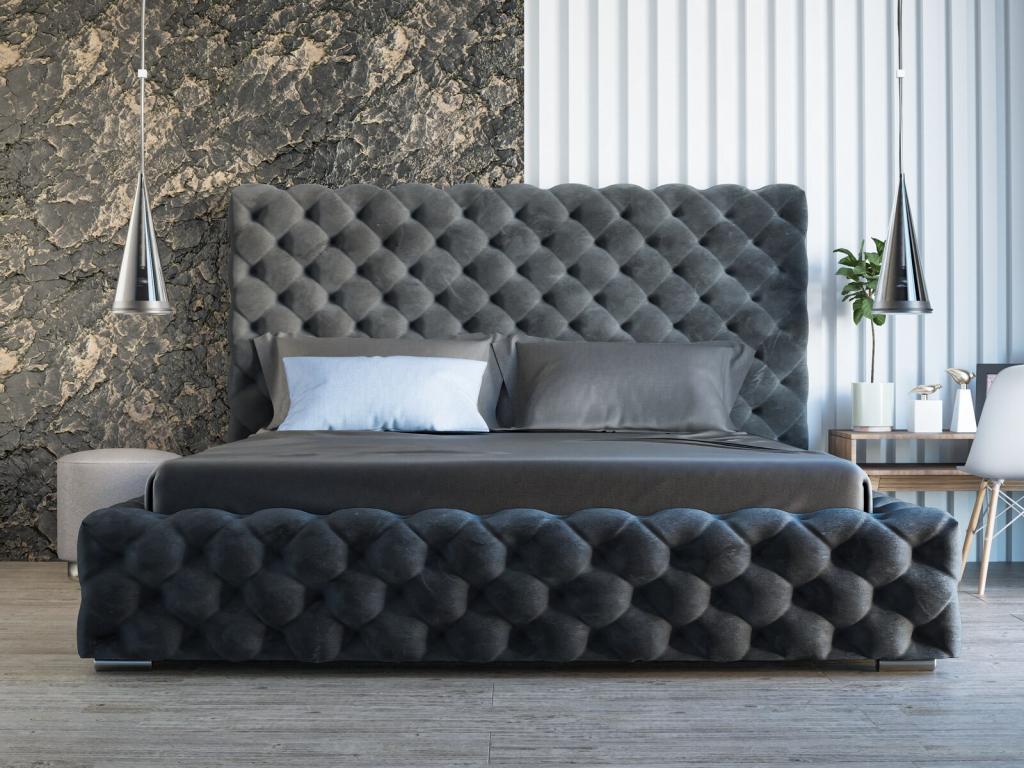 Lit rembourré avec rangement - 180x200 - lit double - velours - noir - Cosymeub BUJJ37134