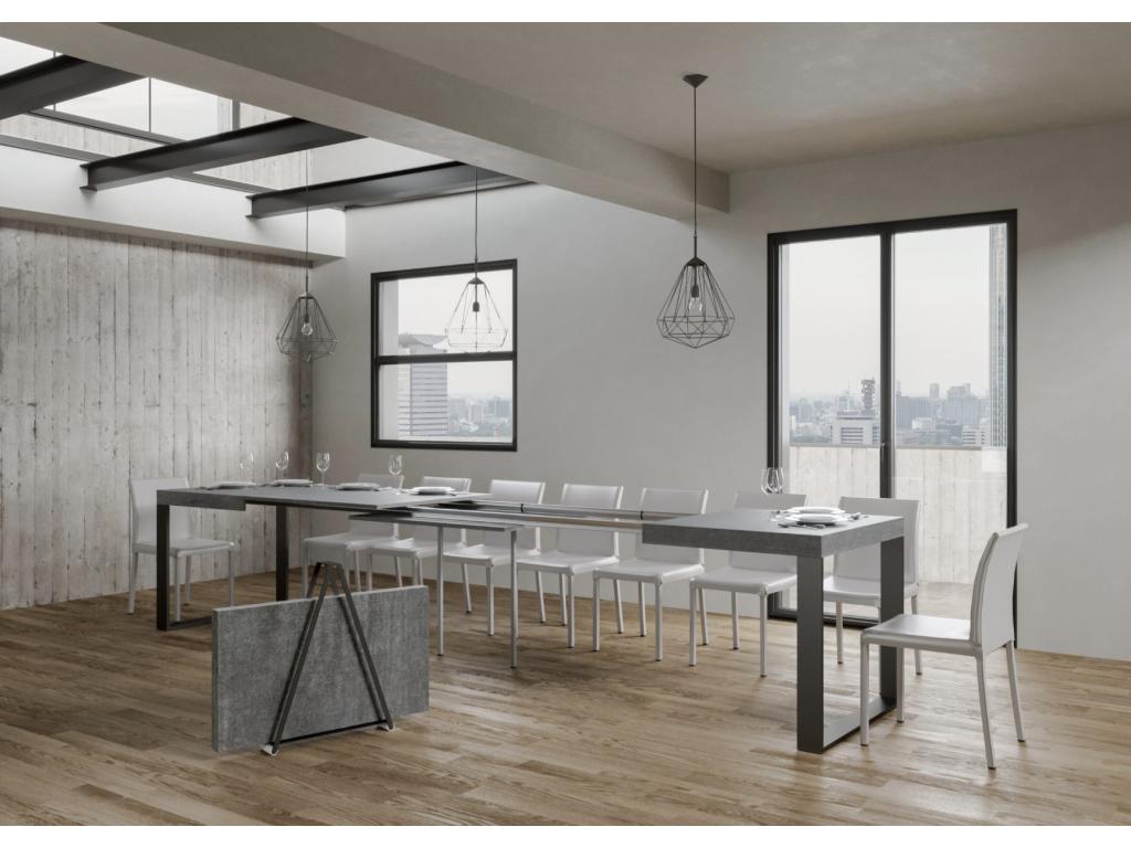 Table à manger extensible Cosymeub-Couleur Gris ciment-Support 4 pieds-5 rallonges fines-Largeur extensible 160 à 420cm BGYK50253