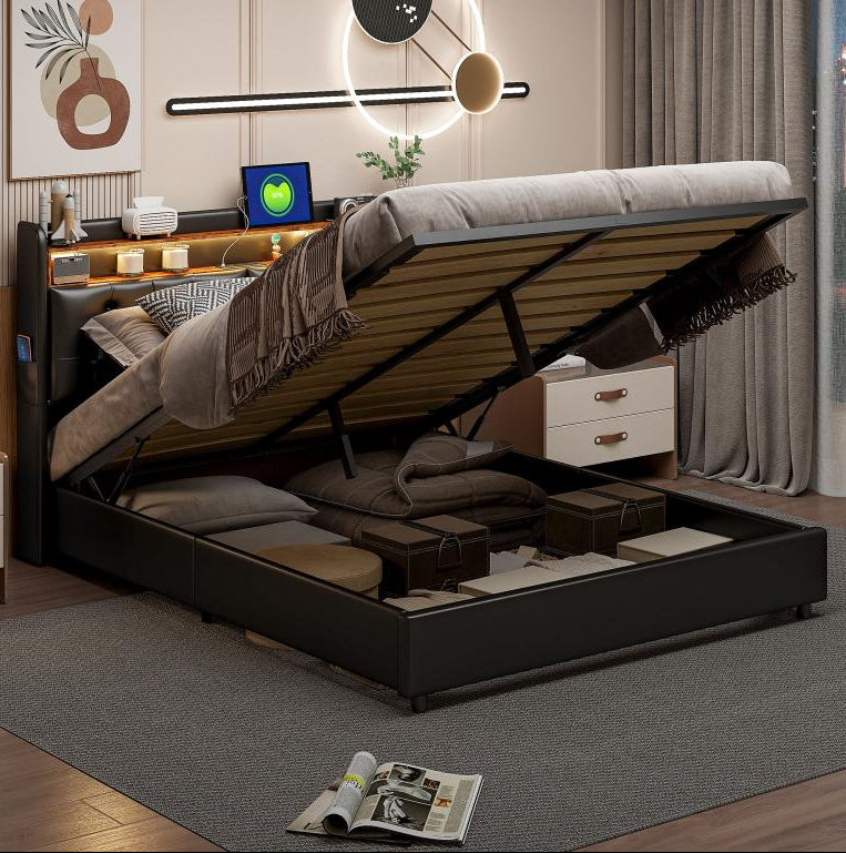 Lit coffre 140x200cm - lit double avec sommier à Cosymeub et tête de lit LED avec étagères et port charge - cuir noir YRTD91778