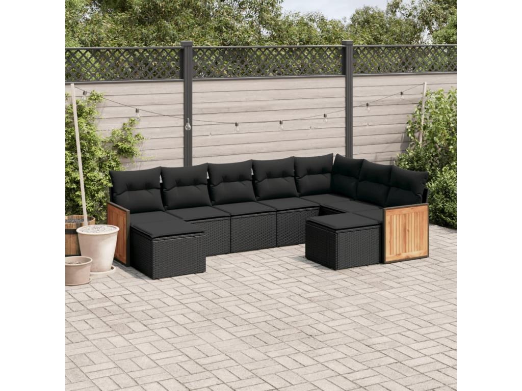 Salon de jardin 9 pcs avec coussins noir résine tressée UQBB48218