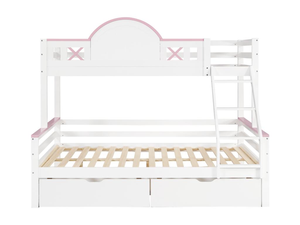 Lit superposé 90x200cm 140x200cm Lit d'enfant avec barrière de sécurité de couleur contrastée Deux tiroirs Blanc Rose Sans matelas ZUVV69601