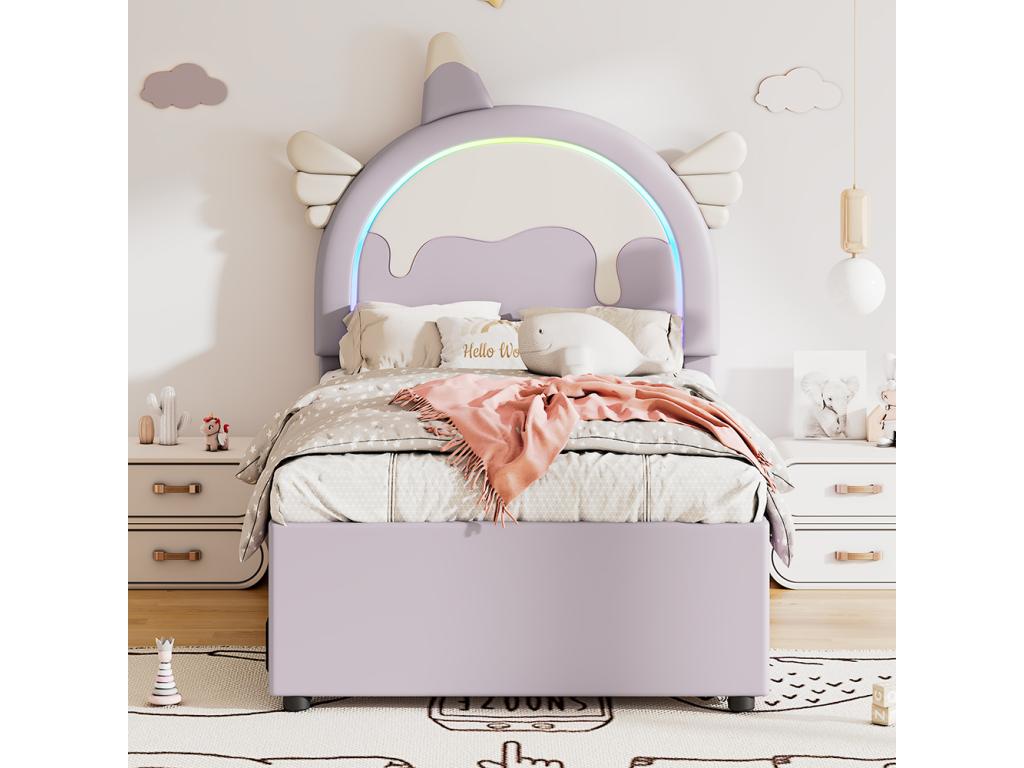 Lit avec tiroirs Lit Lit enfant 90x200 cm en forme de licorne équipé d'un lit à Cosymeub extensible PU Violet BYKZ72549