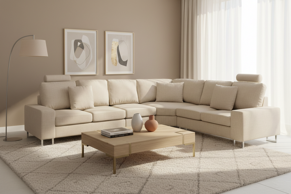 Canapé d'angle modulable STOCKHOLM Tissu Beige 6 places Côté droite SHAQ88529