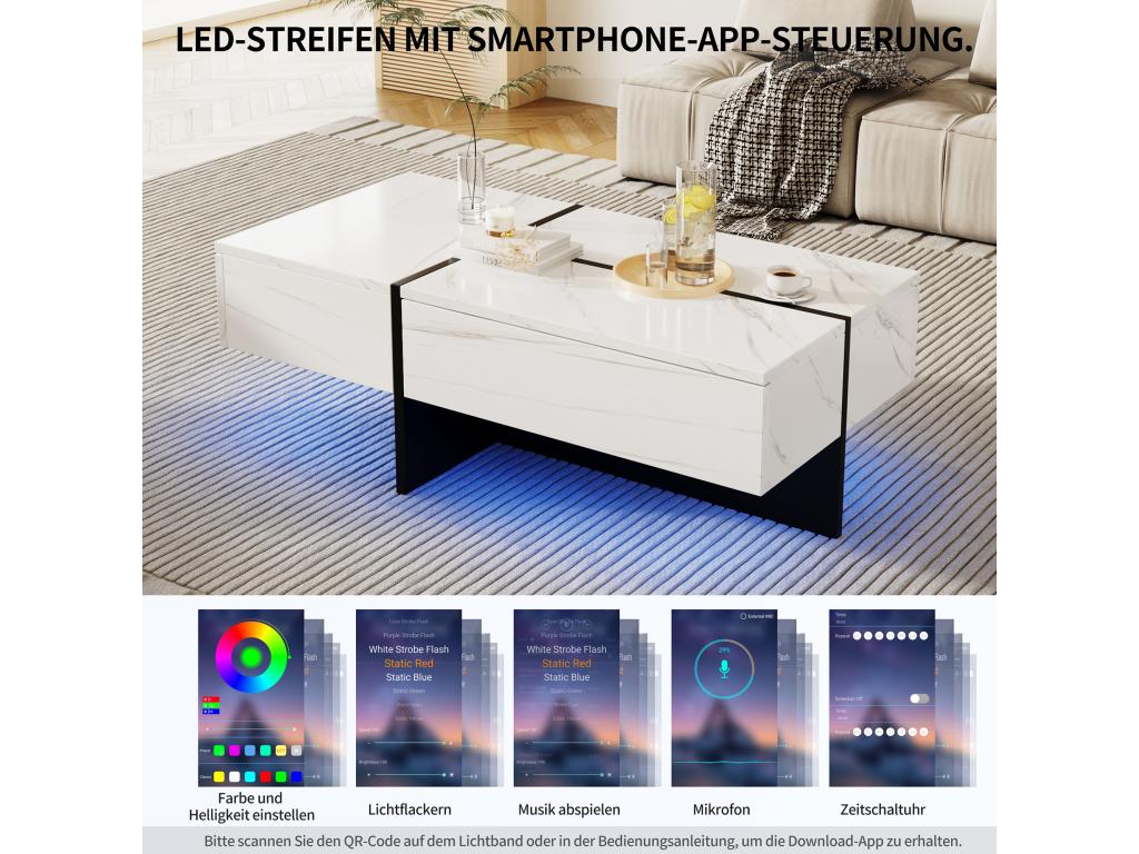 Table basse blanche brillante table de salon plateau à motif marbre avec LED 100x50x34.5 cm BMGV58092