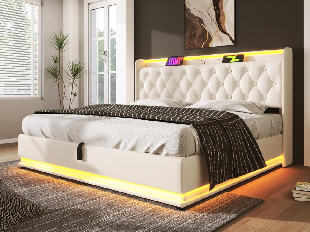 Lit coffre 180x200cm en similicuir - avec LED et prises USB / Type-C - Blanc UQJJ97891