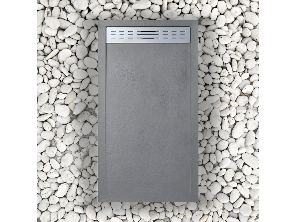 Receveur de douche 70x150 cm avec grille latérale Cosymeub Slim gris Ral 7037 en résine synthétique et poudre de marbre avec drain CYOD49896