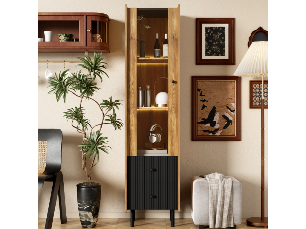 Buffet haut vitrine avec 2 tiroirs et porte vitrée - 180x44x40 cm - LEDs - MDF et panneau de particules - Noir et bois EFWA70400