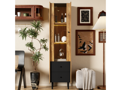 Buffet haut vitrine avec 2 tiroirs et porte vitrée - 180x44x40 cm - LEDs - MDF et panneau de particules - Noir et bois EFWA70400
