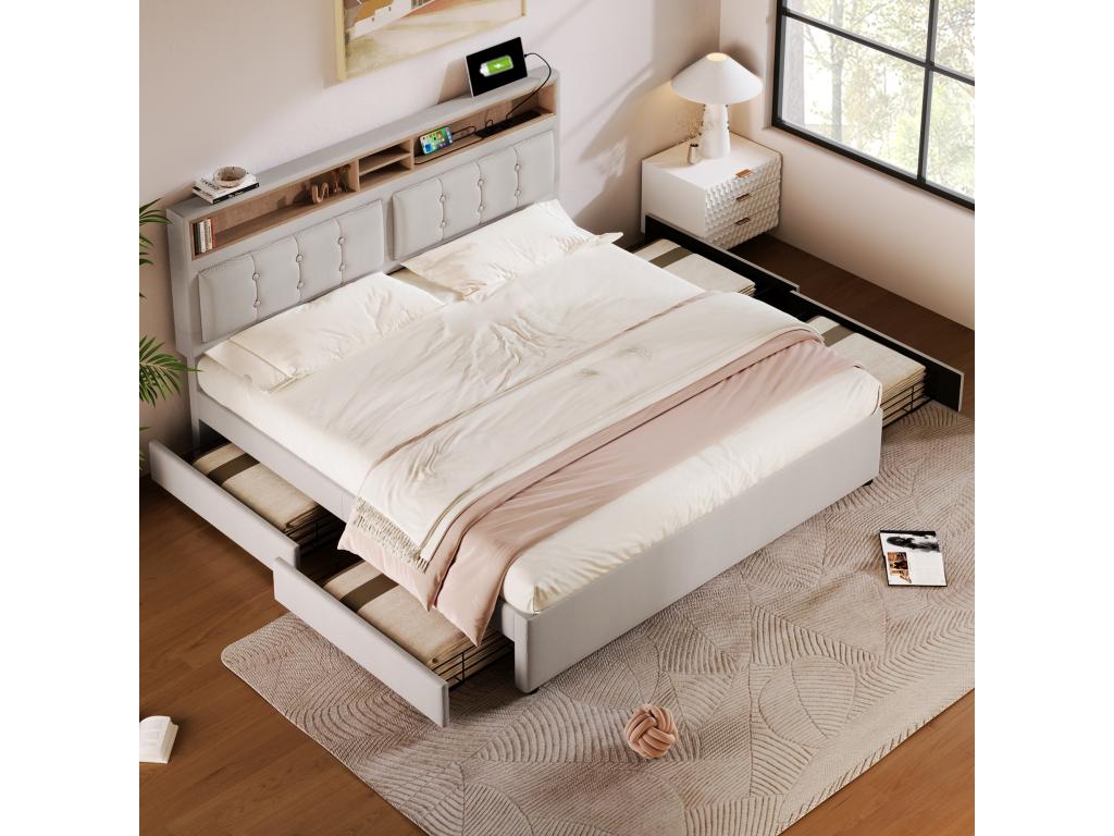 Lit avec tête de lit réglable - 140x200 cm - 4 tiroirs étagères et prise USB C - tissu lin - coloris beige Matelas UDMR51343