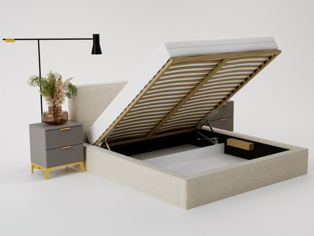 Lit rembourré avec rangement - 160x200 - lit double - bouclé - bleu - Cosymeub NFSR88418