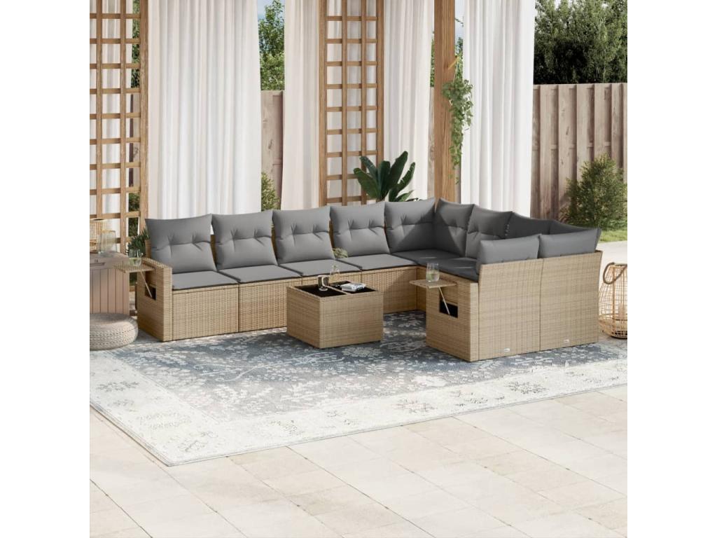 Salon de jardin avec coussins 10 pcs beige résine tressée NGZM17584