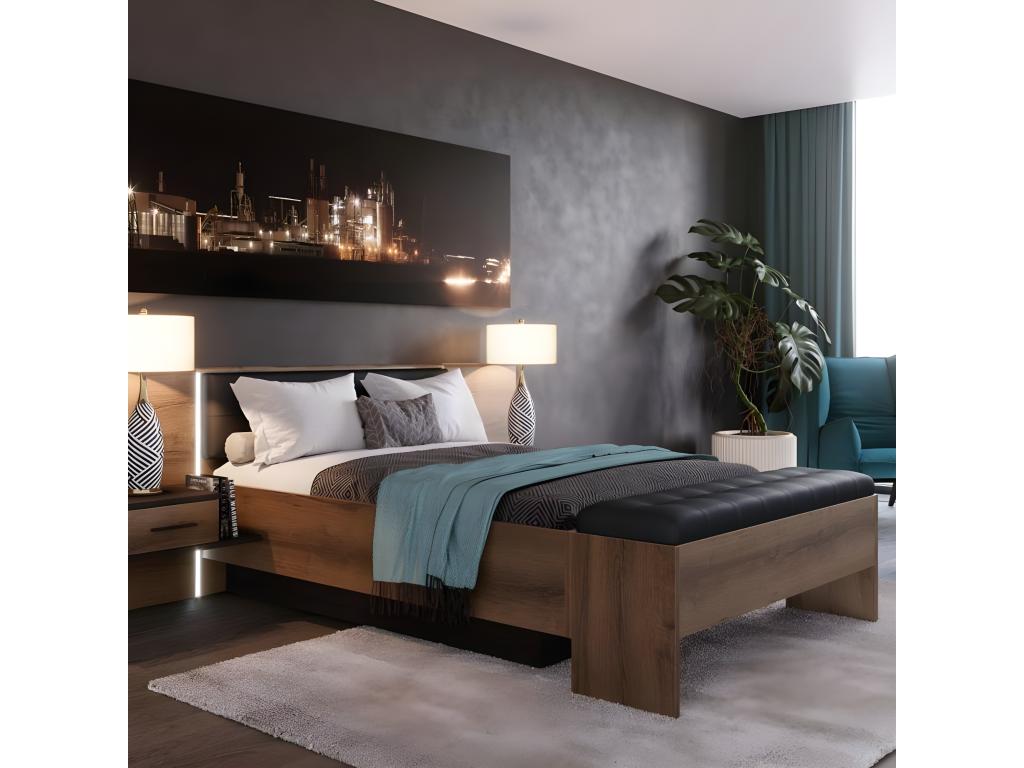 Banc coffre 165 cm décor chêne foncé assise capitonnée noir - Cosymeub OFDW27945