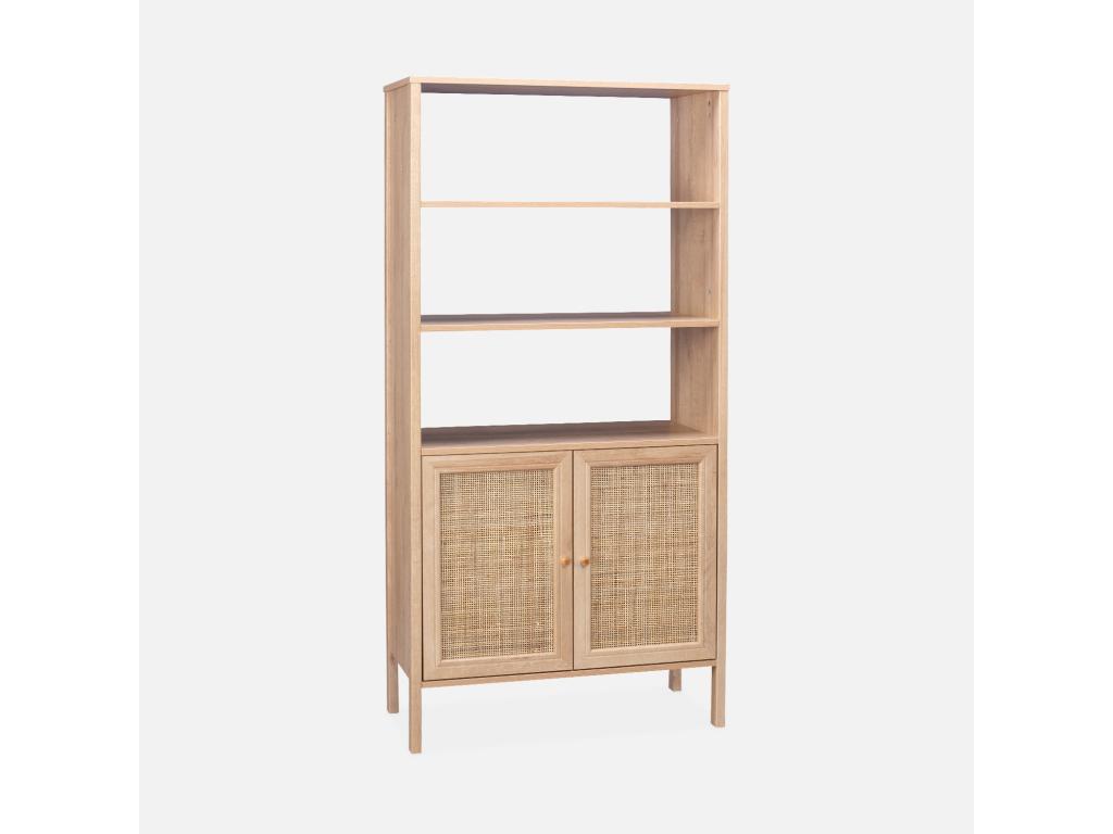 Bibliothèque effet bois et cannage - Cosymeub - 4 niveaux- 2 portes- 5 étagères SQCX77303