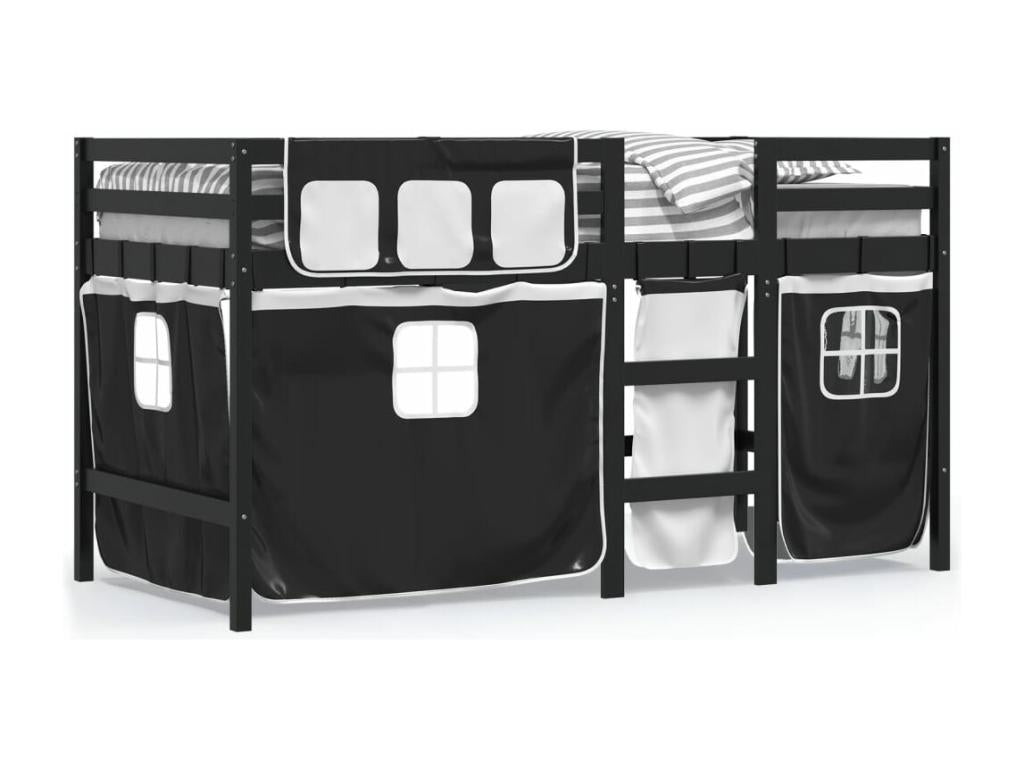 Lit mezzanine enfants et rideaux blanc-noir 90x200 pin massif RXAC76977