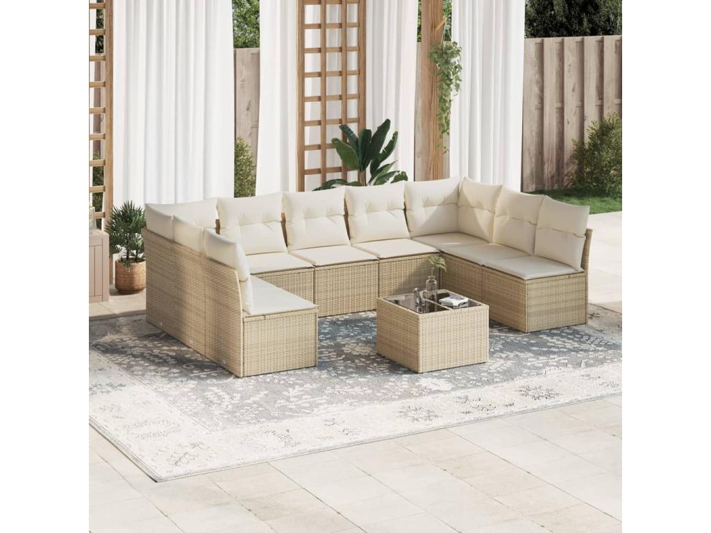Salon de jardin avec coussins 10 pcs beige résine tressée FTQR72860