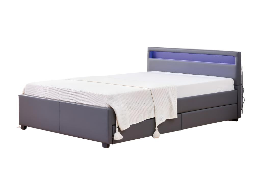 Lit adulte 160x200 cm tiroirs et led gris sommier inclus KDIP35194