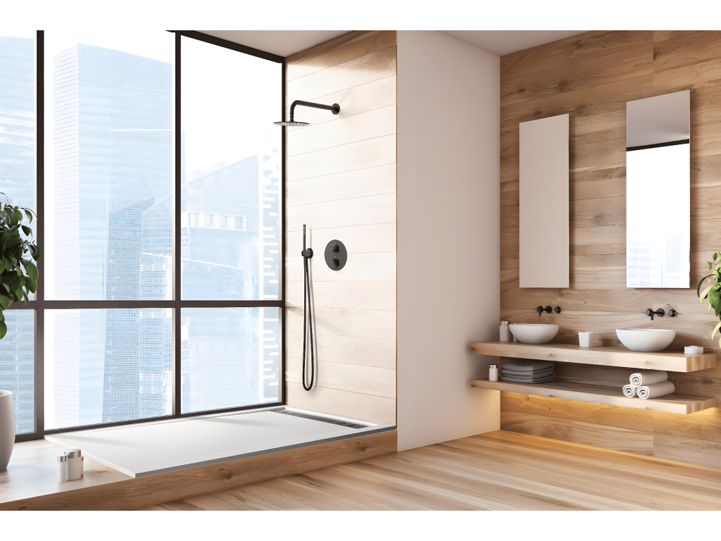 Receveur de douche 70x150 cm avec grille latérale Cosymeub Slim gris Ral 7037 en résine synthétique et poudre de marbre avec drain CYOD49896