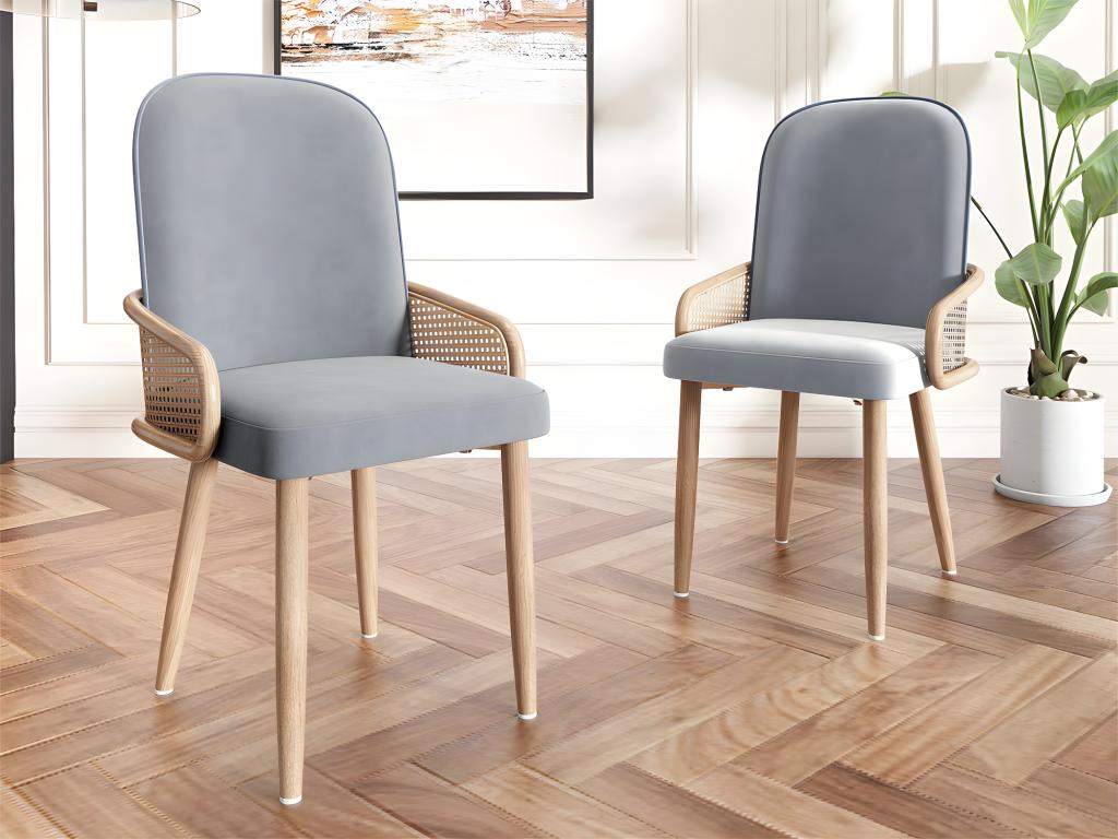 Lot de 2 Chaises en Velours avec accoudoirs en Rotin - 4 pieds en métal naturel - Gris XJIY91011