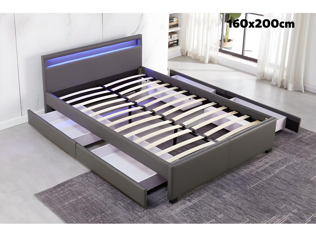Lit adulte 160x200 cm tiroirs et led gris sommier inclus KDIP35194