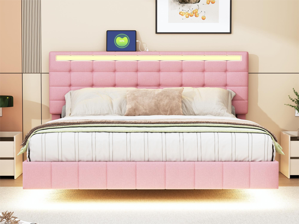 Lit capitonné avec tête de lit - 160x200 cm - cadre de lit flottant - LEDs - tissu lin - rose MYAG71866