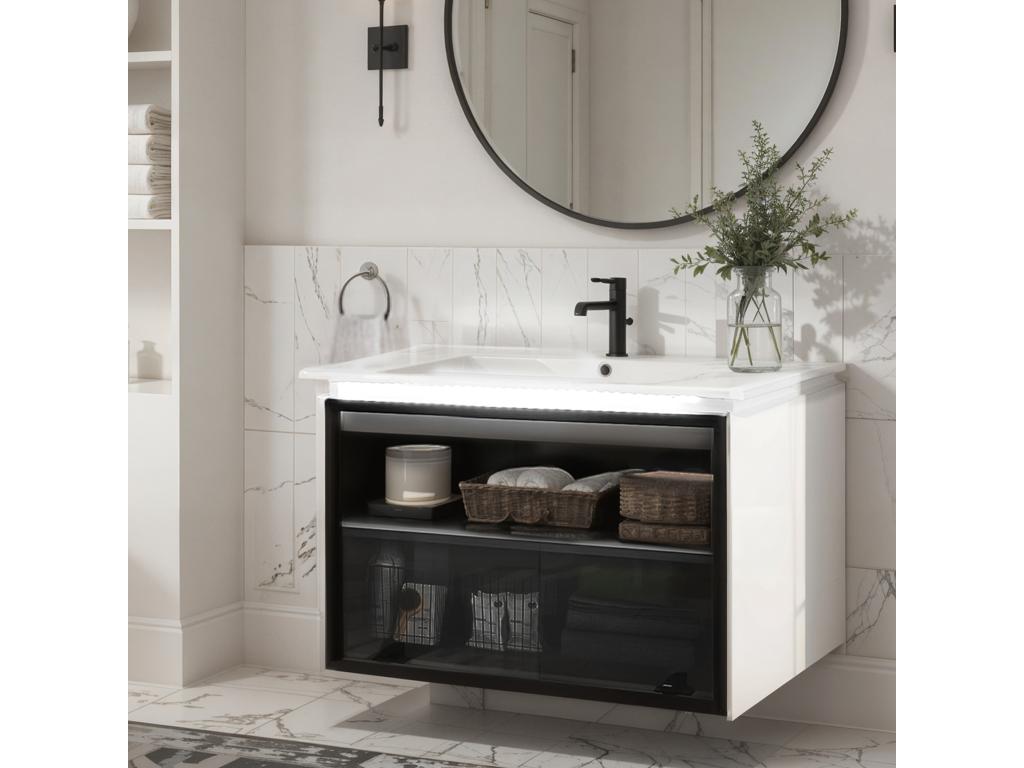Meuble de salle de bain vasque simple avec porte en verre - 61,5x46,5x47 cm - Bois MDF - Lampe à induction - Blanc noir BIWW91613