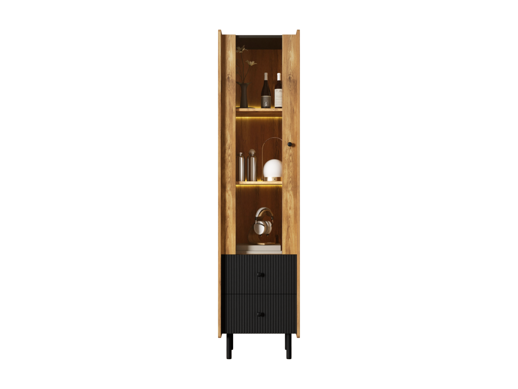 Buffet haut vitrine avec 2 tiroirs et porte vitrée - 180x44x40 cm - LEDs - MDF et panneau de particules - Noir et bois EFWA70400