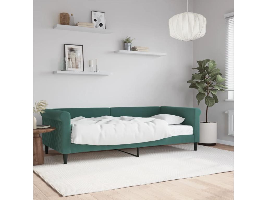 Lit de jour avec matelas vert foncé 90x200 cm velours BPPT01849