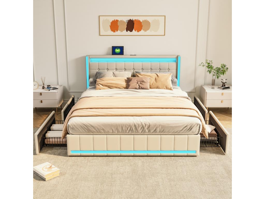 Lit rembourré Lit double 160x200cm Beige avec 4 tiroirs avec LED et USB QKWG52409