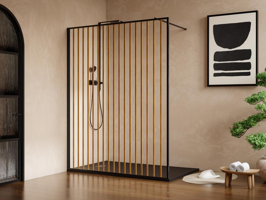 Paroi de douche à l'italienne en aluminium - Effet bois et noir mat - 140x200 cm - Cosymeub ENKF06493