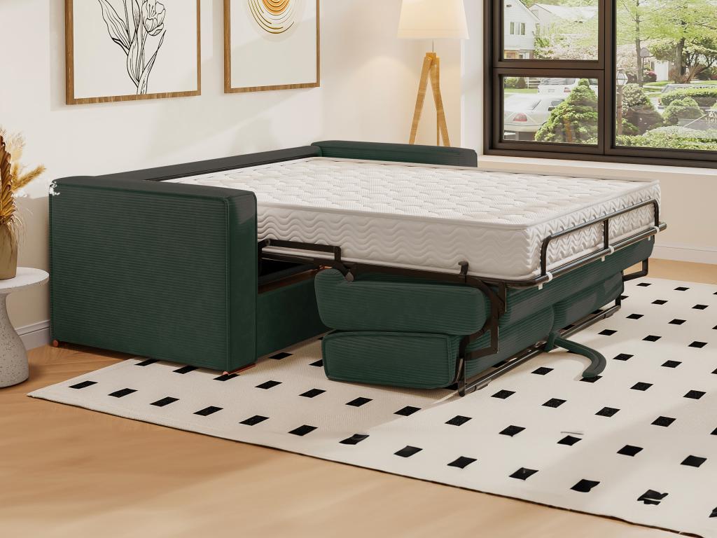 Canapé 3 places convertible express en velours tricoté vert sapin - Couchage 140 cm - Matelas 18 cm Cosymeub IGWG43325