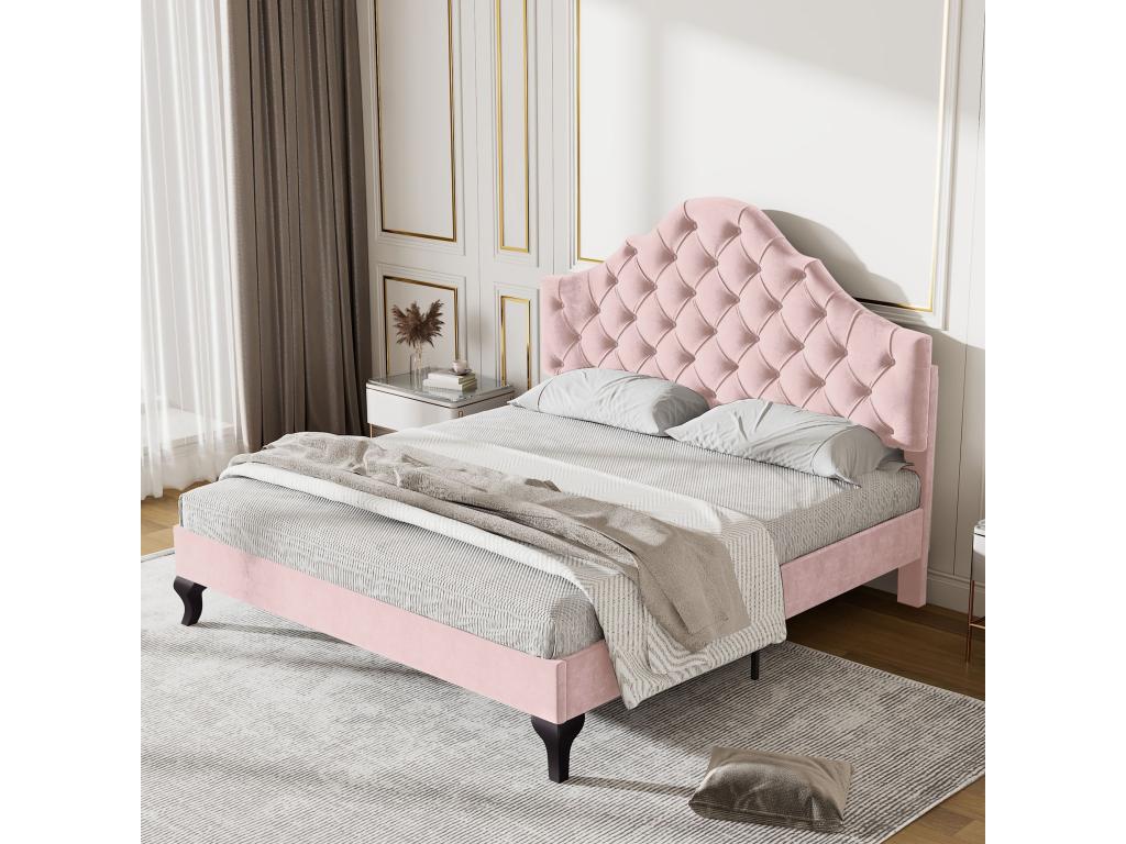 Lit Tapissé avec Sommier à Cosymeub et Tête de Lit Lit Jeune avec Tête de Lit réglable en Hauteur 140x200 cm Velours Rose Sans Matelas YPKV68279