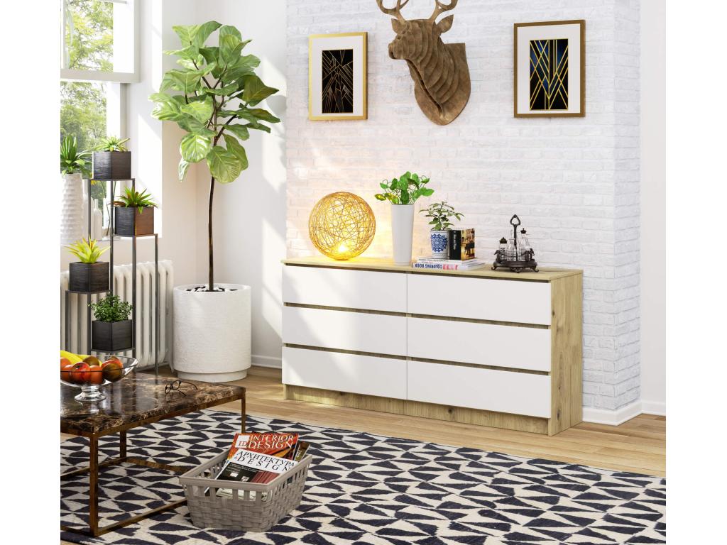 Grande Commode pour le salon Artigeo K160 Chêne Artigeo 160 cm 6 tiroirs façade Blanche 160x40x77 cm IMHT78653