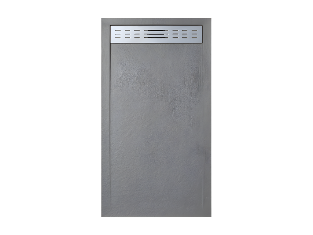 Receveur de douche 70x150 cm avec grille latérale Cosymeub Slim gris Ral 7037 en résine synthétique et poudre de marbre avec drain CYOD49896