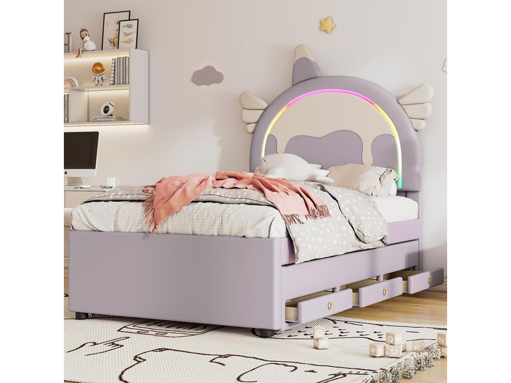 Lit avec tiroirs Lit Lit enfant 90x200 cm en forme de licorne équipé d'un lit à Cosymeub extensible PU Violet BYKZ72549