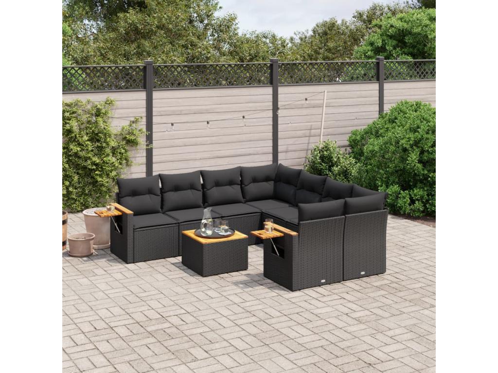 Salon de jardin 9 pcs avec coussins noir résine tressée VSEF85187