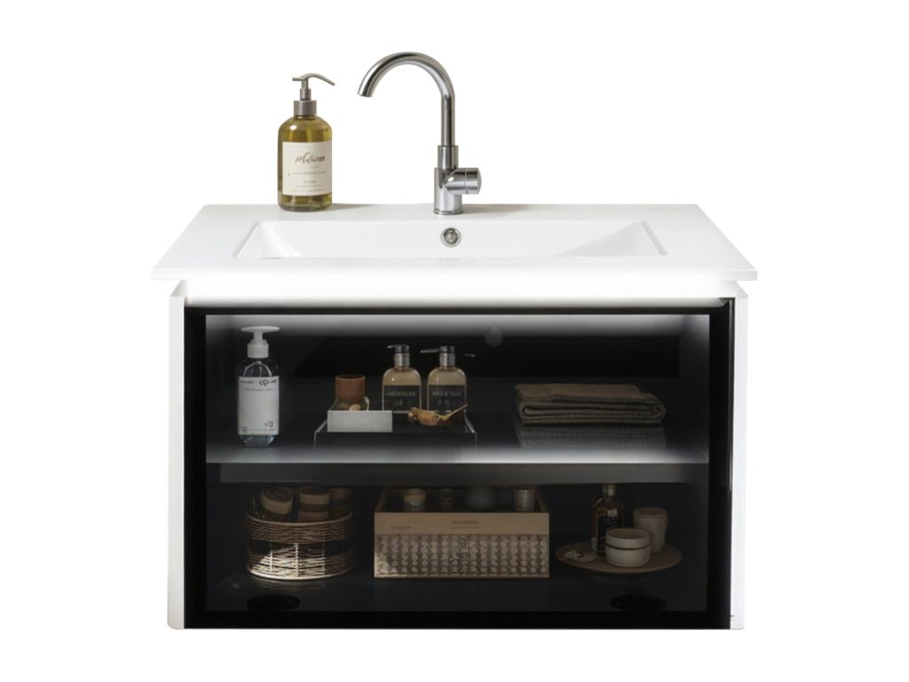 Meuble de salle de bain vasque simple avec porte en verre - 61,5x46,5x47 cm - Bois MDF - Lampe à induction - Blanc noir BIWW91613