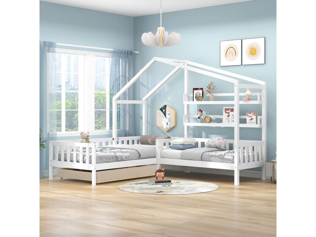 Lit cabane enfant 90x200cm 70x140cm - avec tiroirs étagères sommier à Cosymeub cadre en L en pin - Blanc YDVI65239