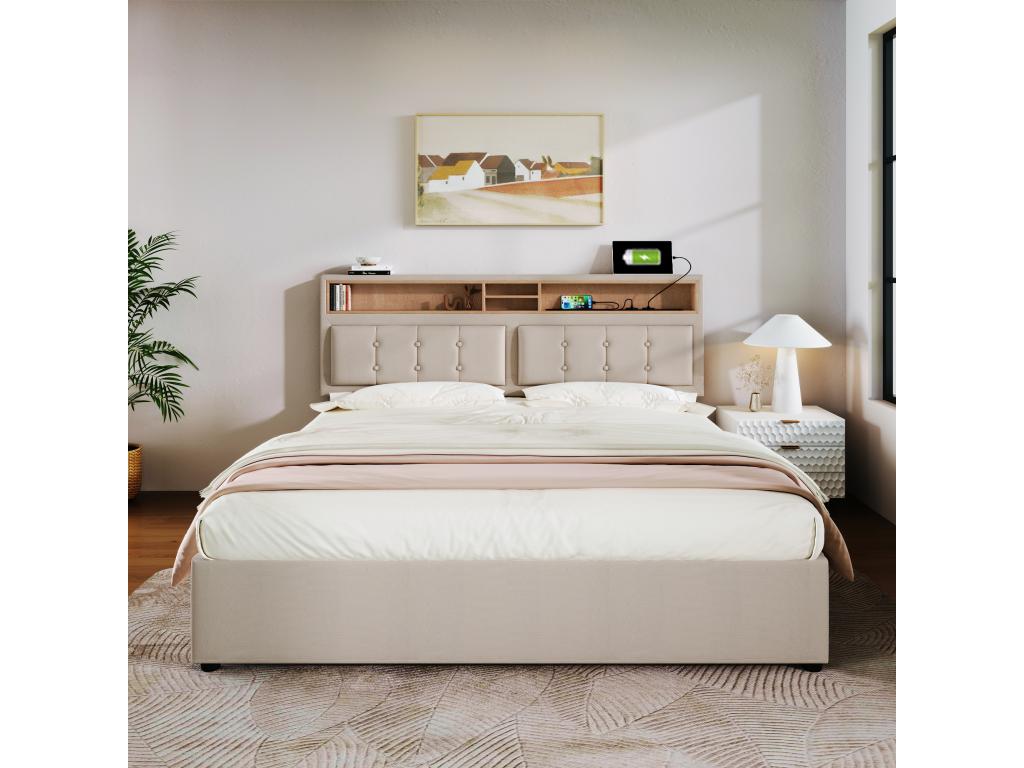 Lit avec tête de lit réglable - 140x200 cm - 4 tiroirs étagères et prise USB C - tissu lin - coloris beige Matelas UDMR51343