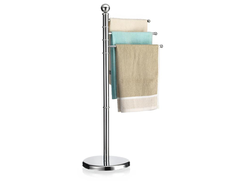 Porte-serviettes sur pied Cosymeub portant pour vêtements et linge de salle de bain avec 3 tringles pivotantes structure en métal chr MLKR45531