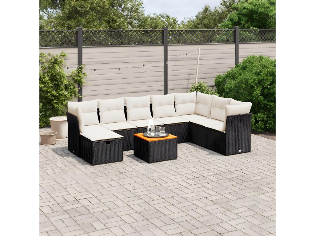 Salon de jardin 9 pcs avec coussins noir résine tressée LTJU49957